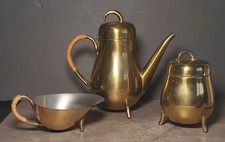 Vintage 3-Piece Brass Coffee Tea Service Set – Coffee Pot, Creamer & Sugar picture