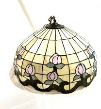 Vintage Leaded Stained Slag Glass Tiffany Style Ceiling Lamp- Tulip Flowers, 22” picture