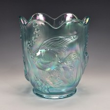 Fenton Atlantis Koi Fish Vase Aquamarine Iridized Carnival Satin 1999 No 5150 AC picture