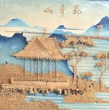 VTG Framed Chinese Cork Carving Diorama WallArt Mountain River Scene +characters picture
