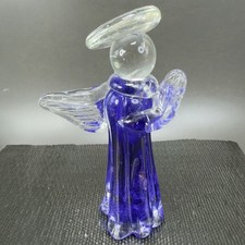 Vintage 1980s Art Glass Angel Figurine Paperweight Cobalt Blue Clear Glass VTG picture