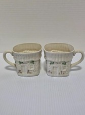 Pair Belleek Irish Cottage Shamrock Mugs Basketweave Porcelain Coffee Teacups picture