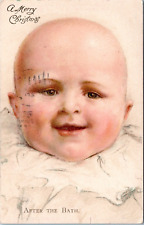 1912 Christmas Greeting Postcard- Big Head Baby - After the Bath- Ernest Nister picture