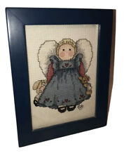 Vtg Framed Finished Mesh Canvas Needlepoint Folk Art Angel picture