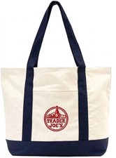 Trader Joe's Large Reusable Canvas Tote Bag Cream Navy Blue Red Logo picture