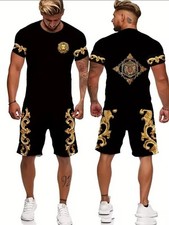 2Pcs Short Sleeve T-Shirt Set Men's Black Gold Lion Polo Relaxed Summer picture