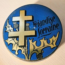 Vintage French Friandise Lorraine Tin Sweets Candy Box Lorraine Cross Thistle picture