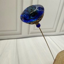 Antique Edwardian Cobalt Blue Faceted Glass Hatpin Ornate Brass Filigree Cap 8
