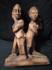 Pair VTG Wood Carved Man & Woman Back To Back Dancing  1 BaseFolk Art  13” Decor picture
