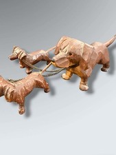 Vintage Hand Carved Wood Dachshund Dog Figurines Trio Leash Folk Art picture