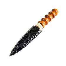 Black Obsidian Dagger Hand Knapped Athame Wood Handle Ritual Knife Primitive Gif picture