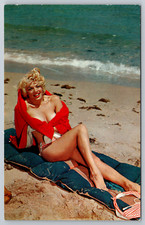 c1960s Beach Girl in Red Towel Ocean View Postcard picture