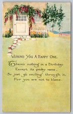 c1910s Wishing You a Happy Birthday Cottage Garden Flowers Antique Postcard picture