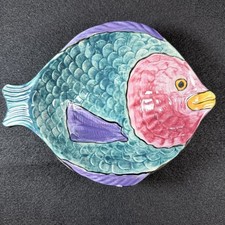 Vintage KOK 1991 Hand Painted Ceramic Fish Wall Hanging Platter Teal Pink Purple picture