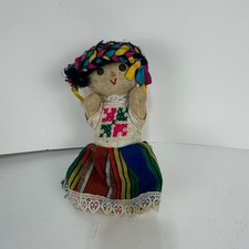 Vintage Mexican Maria Rag Doll Handmade Cloth Folk Art Colorful Ribbon Braids 9