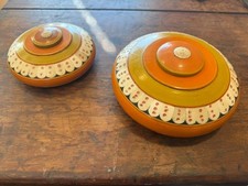 Vintage Polychrome Turned Wood Round Tobacco Boxes Painted Inlaid Lot of 2 picture