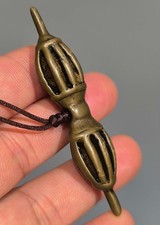 Amazing Tibet 19th Century Old Antique Buddhist Alloy Copper Vajra Dorje Amulet picture
