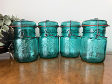 Vintage Ball Ideal Blue Glass Jar Set of 4 with Wire Bale Lids Eagle Centennial picture