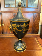 Neoclassical Empire Style Black & Gold Tole Urn Lidded Lion Head Handles picture