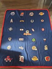 VTG DeLong Blanket Wool Blue Red 65 x 57 Inches Stadium Sports Emblem Patches picture