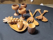 Vintage Monkey Pod Teak Wood Lot 11 pc Pineapple Bowl Goblets Salad Servers Tiki picture