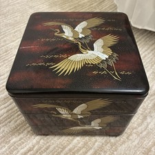 Jubako Bento Box Lacquer Crane Gold Japanese Three-Tiered Black Craft Vintage picture