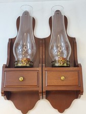 Vintage Wooden Wall Sconce Pair W/ Hurricane Glass & Drawer 16.5” MCM Colonial picture