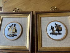 Victorian Courting Couple Framed Porcelain Discs Vintage 70's Set of Two picture