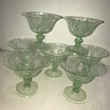 7 Blown Etched Low Champagne Sherbet Green Floral Victorian People picture