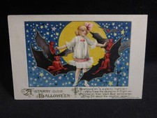 Winsch Halloween Postcard-Lovely Girl Walking With The Bats/ Little Red Devils picture