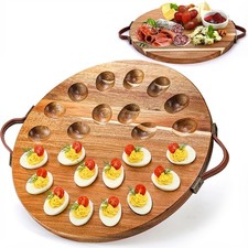 Acacia Wood Deviled Egg Platter Handles 24 Holes Round Tray Reversible picture