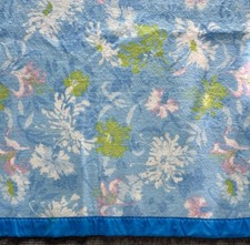 Vintage Acrylic Blanket Blue Floral Nylon Binding 90x72 Full Queen Cottagecore picture