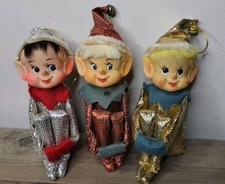 3 Vtg Christmas Knee Hugger Elf Metallic Gold Silver Red 1960s Pixie Elves MCM picture