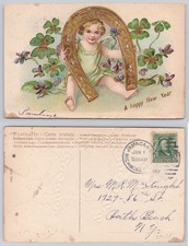 1907 New Year Cherub Horseshoe Violets Four Leaf Clover Embossed Glitter picture