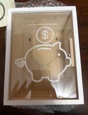 Wood Pig Piggy Bank Shadow Box Coin Bank w/ Clear Front, Locking Back Door picture