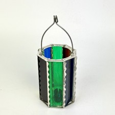 Antique German Christmas Hanging 8-Panel Stain Glass Tin Candle Tree Lantern picture