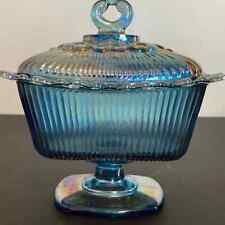 Vintage BLUE CARNIVAL Indiana Glass Lace Edge Footed Candy Dish Compote Lid picture