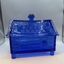 Vintage Lutted's S.P. Cough Drops Cobalt Blue Glass Log Cabin Candy Dish 7