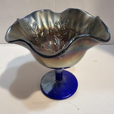 Vintage Fenton Holly Berry Compote Blue Carnival Glass Ship 6.00 picture