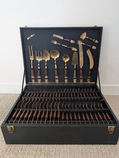 Vintage Silk of Siam Bronze Flatware Set 147 Pc Service for 12 Thailand Case picture