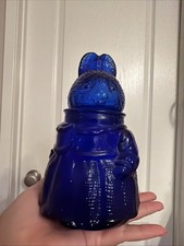 Cobalt Blue Glass Mrs Tiggy Winkle Style Bunny Rabbit Covered Jar Vintage picture