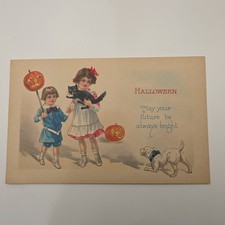 Antique Stecher Halloween Children Boy Girl Black Cat Jack O Lantern Pumpkin picture