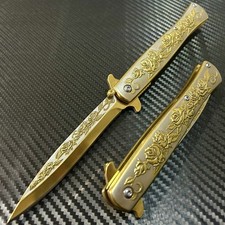 9” Gold Ross Knife Tactical Spring Assisted Open Blade Folding Pocket Knife. picture