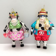VTG Pier 1 Beach Cow Couple 2pc Blown Glass Christmas Ornaments Tropical Holiday picture