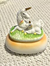 Vintage Porcelain Mother And Baby Unicorn Lid Trinket Box Matte Finish picture