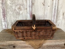 Vintage Rectangular Woven Gathering Basket With Wood Rim and Handle 14.5” L picture