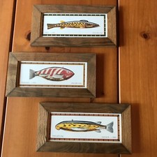 Fish Decoy Wood Framed Pictures w/ Glass Lot/3 Pike Bluegil Sucker 14 3/8