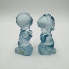 Fenton Art Glass Frosted Babies Blue Girl & Boy Kneeling Praying Figurines 3.5in picture