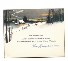 Vtg Christmas Card 1920's Homestead Scene Red Birds Sunset picture