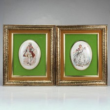 Vintage Framed Oval Courting Couple Portraits Gold Velvet Mat Wall Art Pair Set picture